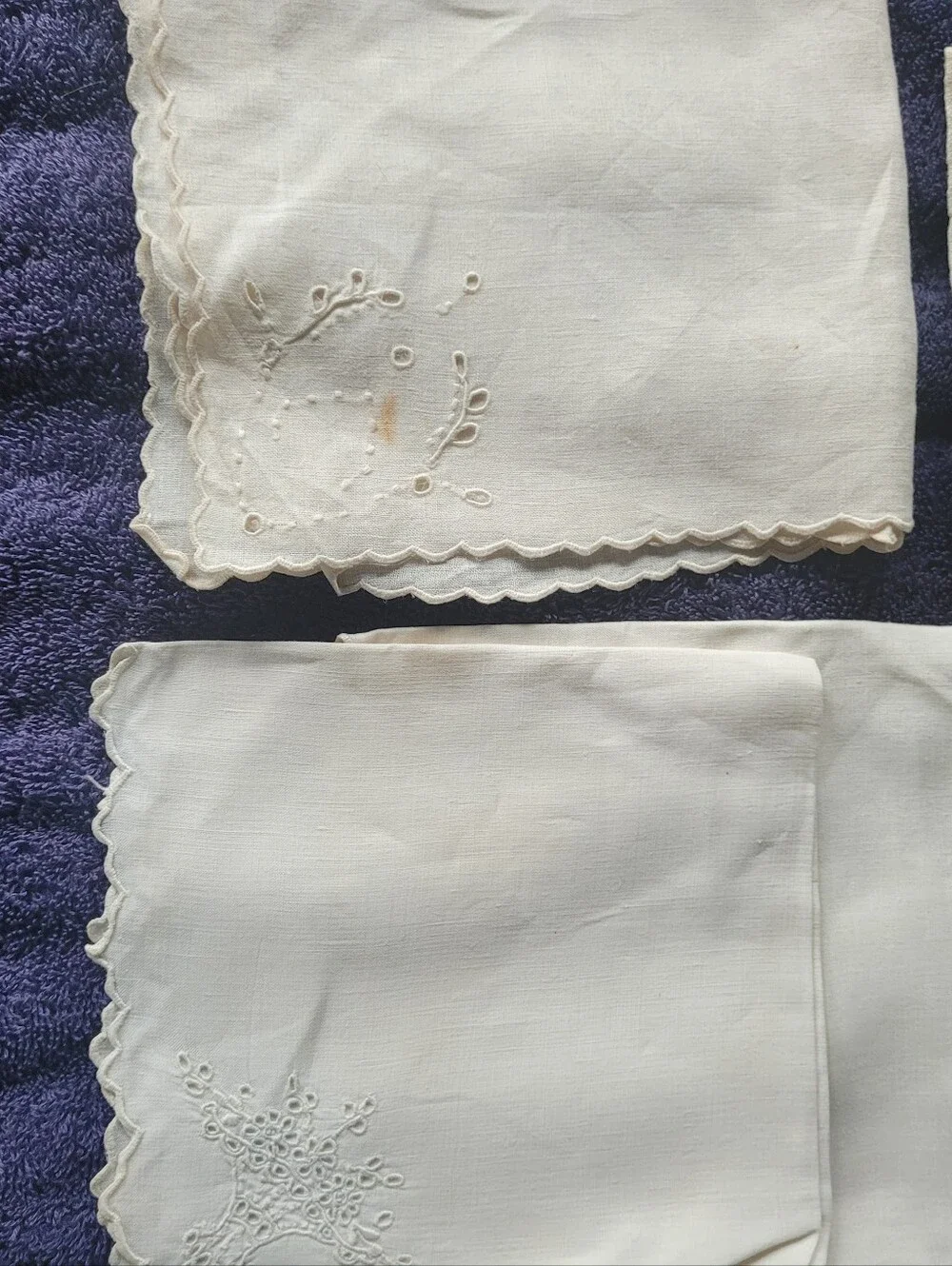 Vintage White & Cream Embroidered Linen Table  Handkerchief Set